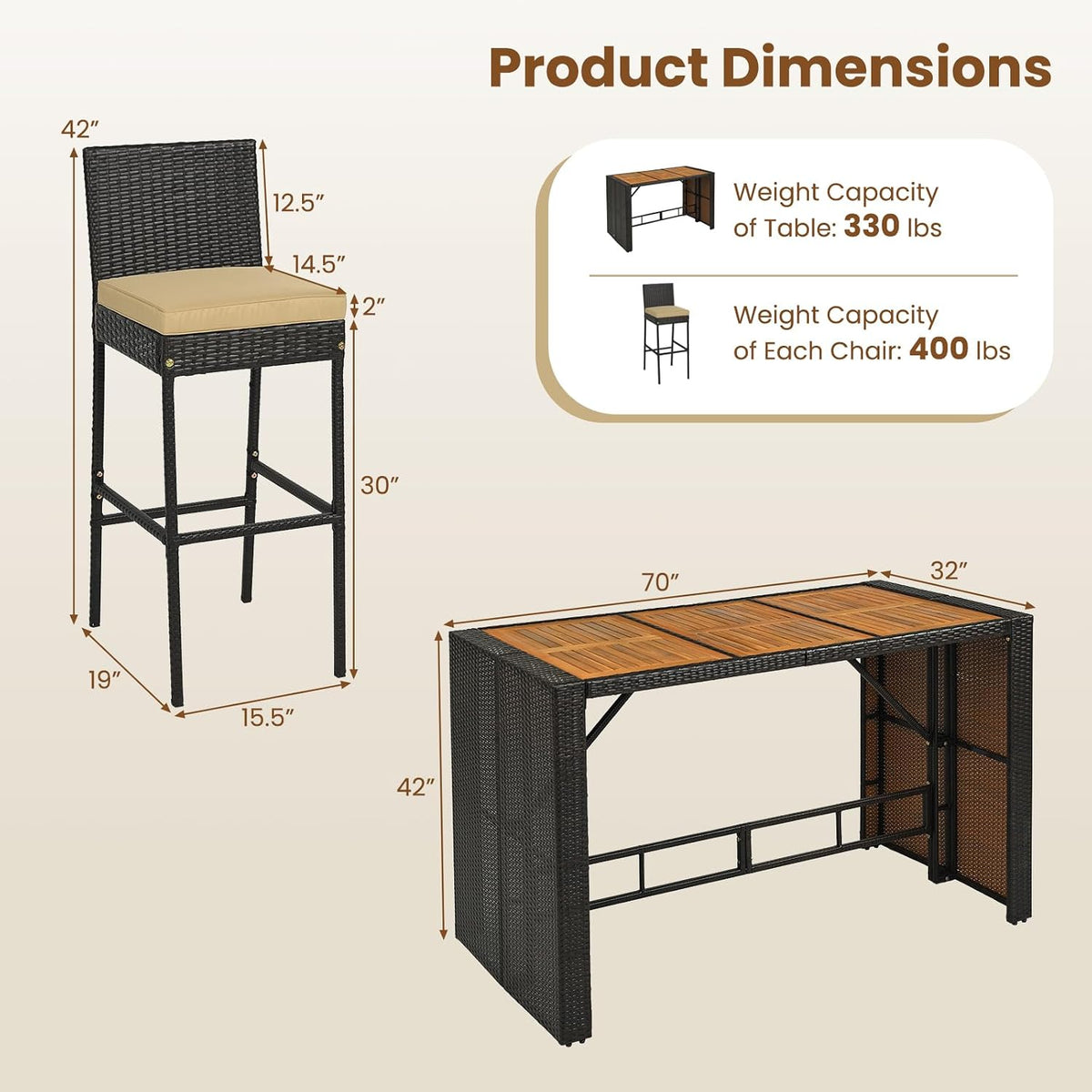 RELAX4LIFE 5-Piece Outdoor Bar Set - Wicker Rattan Bar Height Dining Table w/Acacia Wood Top 4 Bar Stools Chairs Seat Cushions Backrest Footrest Outside Patio Bistro Set for Backyard (Brown, 7-Piece)