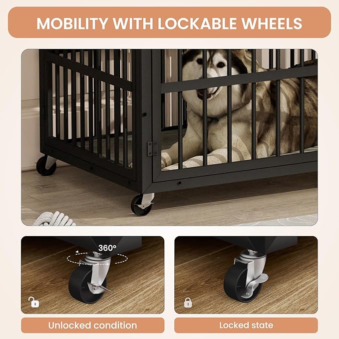 Aoowow Dog Crate Furniture for Small Medium Dogs, 43.3" Dog Kennel Indoor End Table with Side Doors, Iron Heavy Duty Dog Cage with Wheels, Grey