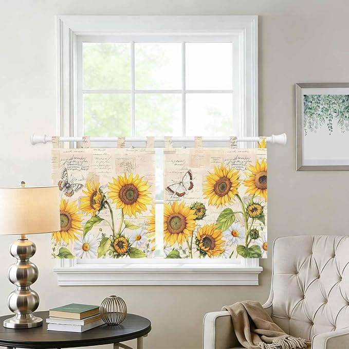 Yellow Sunflowers Kitchen Curtains 36 Inch Length, Small Window Curtains Tab Top