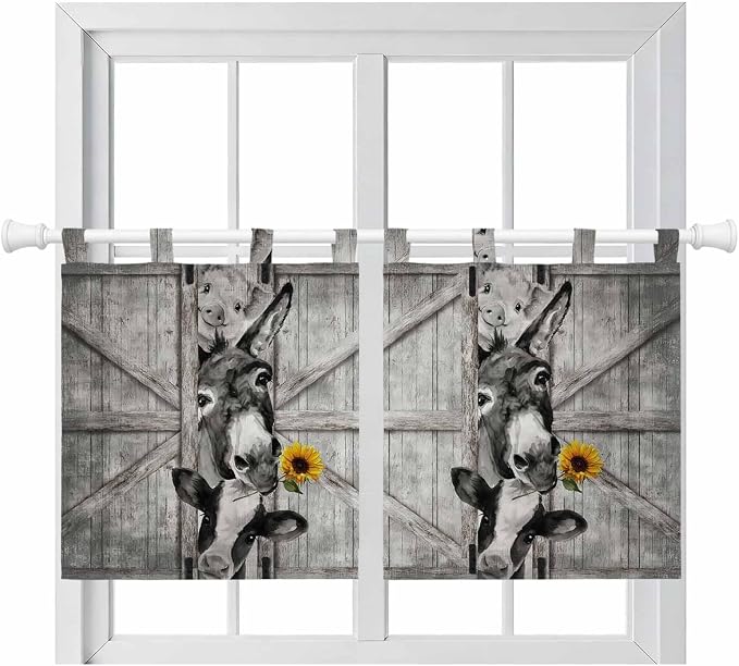 Funny Farm Animals Kitchen Curtains 36 Inch Length, Small Window Curtains Tab