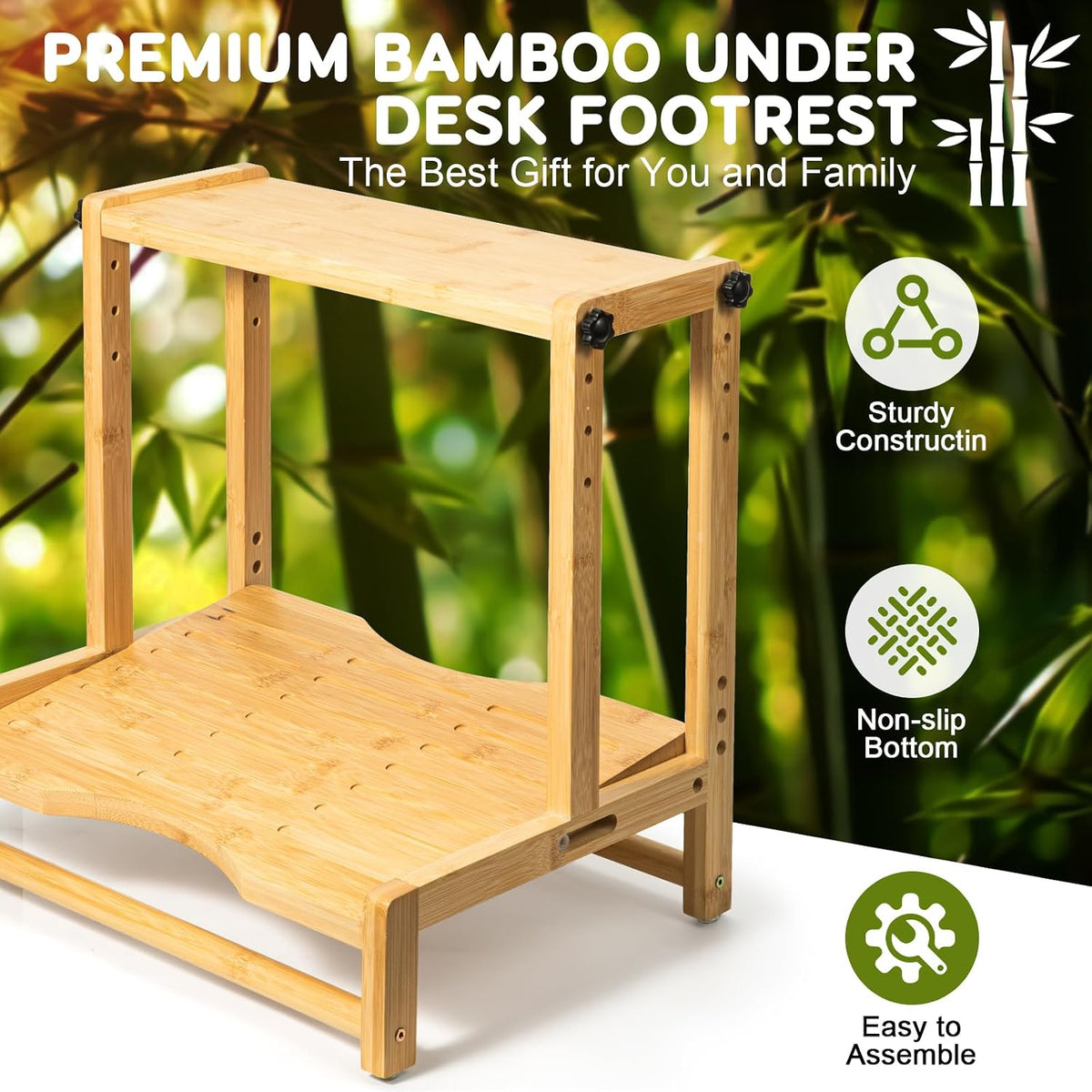 Adjustable Wooden Under Desk Footrest, Ergonomic Double Step Desk Foot Stool with Removable Cushion,Adjustable 4 Heights Leg Rest, Wide Foot Rest Under Desk Ideal for Office, Gaming, and Study