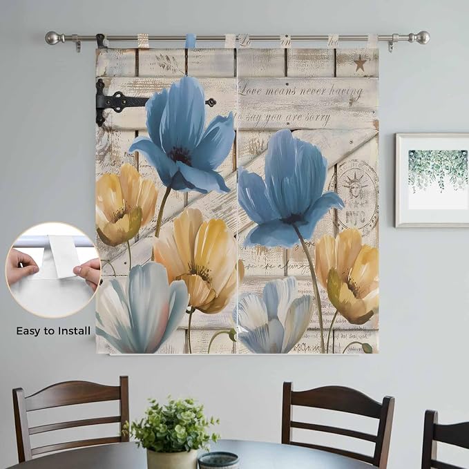 Blue Yellow Tulips Bathroom Curtains 63 Inch Length, Window Curtains Tab Top
