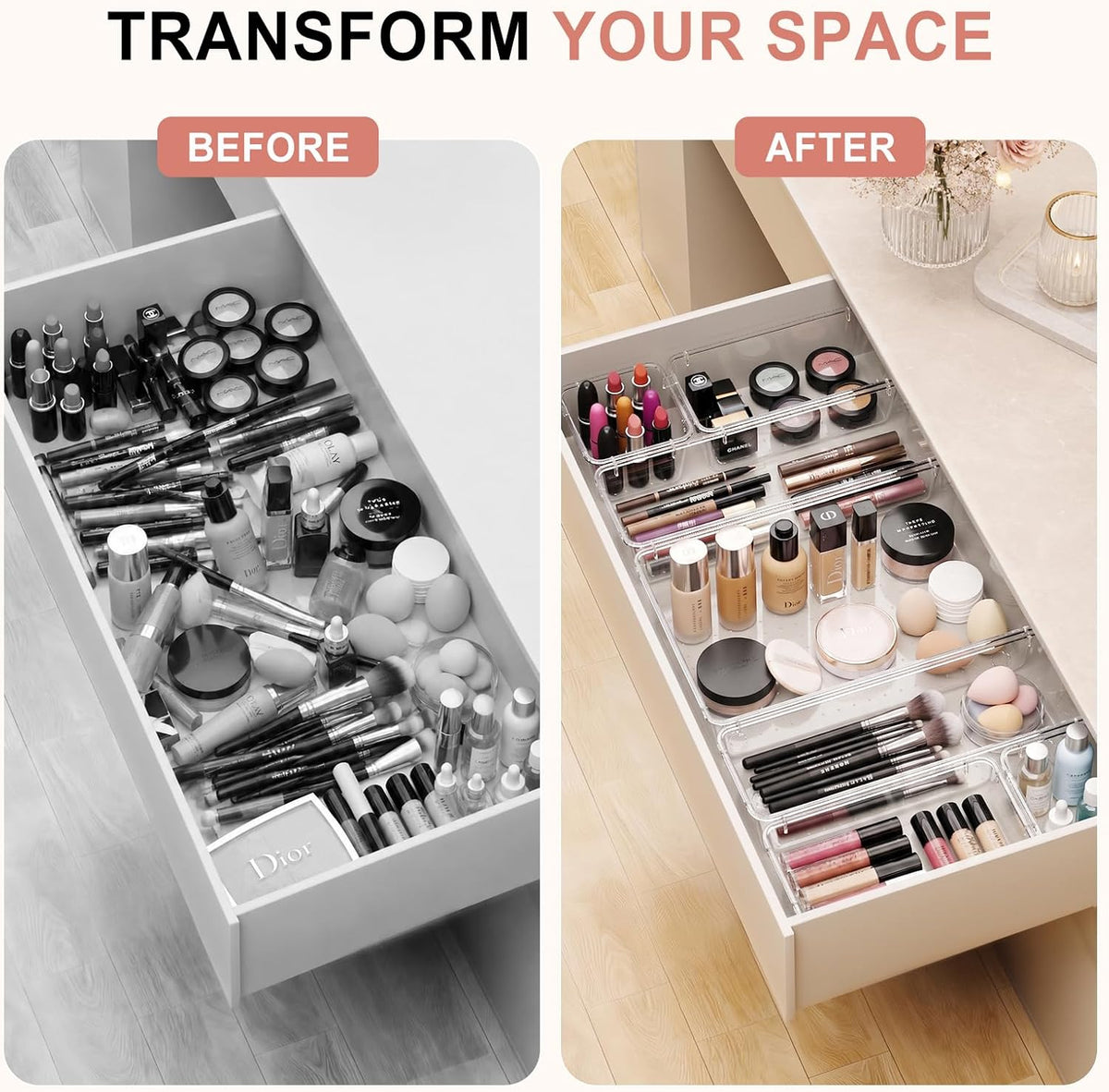 81 PCS Clear Plastic Drawer Organizer Set 4 Sizes Desk Divider Storage Bin