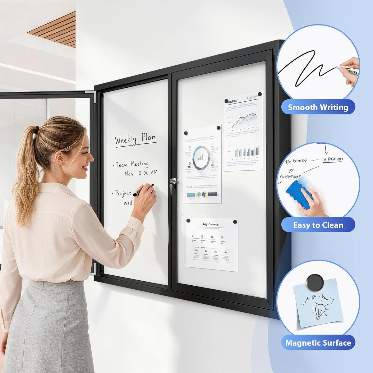 SWANCROWN 48x34 in Outdoor Bulletin Board, Enclosed Whiteboard, Black Frame