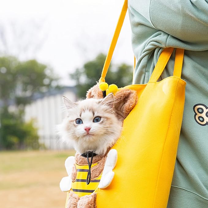 Pet Canvas Shoulder Carrying Bag, Cute Bee Shaped Cat Carrier, L Size Portable Kitten & Puppy Tote, Comfort Carriers for Small Dogs, Cats, and Pets, Handbag for Outdoor, Shopping, and Camping
