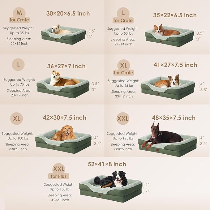 EHEYCIGA Orthopedic Dog Bed for Large Sized Dog, 41x27x7.5 Inch Large Memory Foam Dog Couch Bed with Sides, Waterproof Liner & Washable Removable Cover, Bolster Pet Sofa, Green