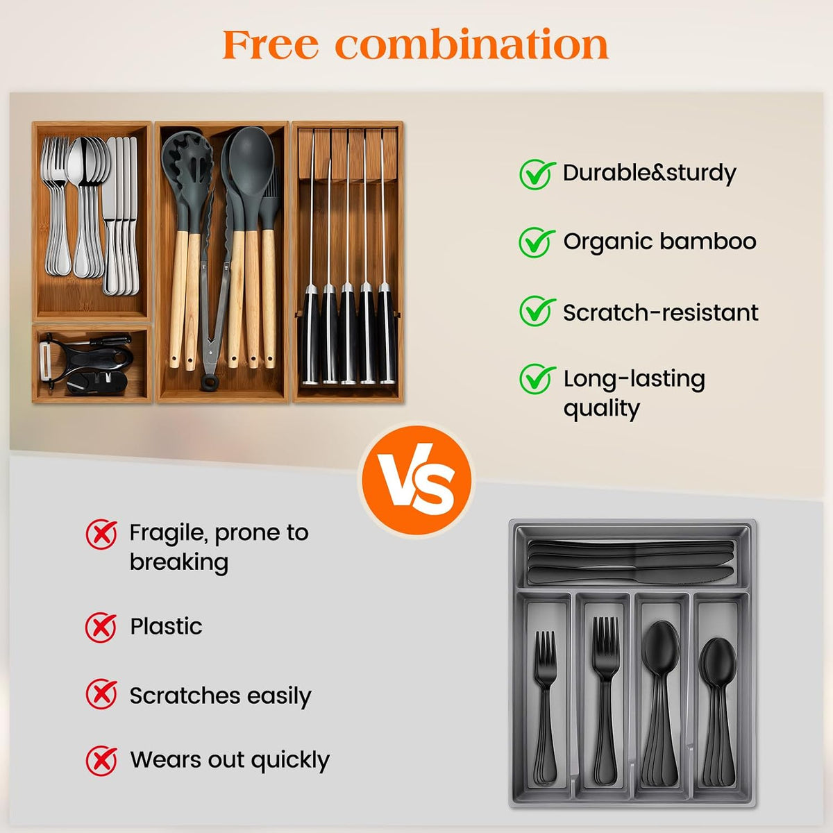 Piklohas Carbonized Bamboo Kitchen Silverwar Drawer Organizer