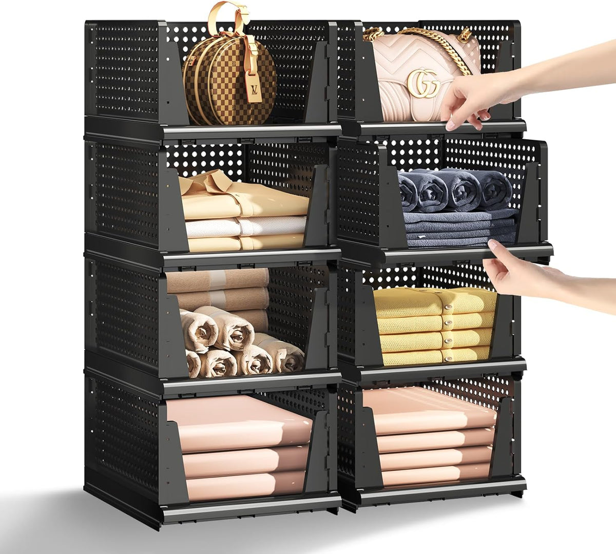 Folding Closet Organizer and Storage for Shelves, 5 Pack Stackable Plastic Storage Basket for Closet, Top Bottom of Closet Organizer, Drawers Organizer for RV, Camper, Pants, Clothes, Office
