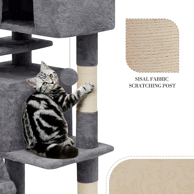 Athena Collection Cat Tree, 54 Inch Cat Tree Tower for Indoor Cats, Multi-Level Cat Tower House Activity Center with 2 Cat Condo & Scratching Post & Dangling Ball, Tall Cat Climbing Tower, Darkgray