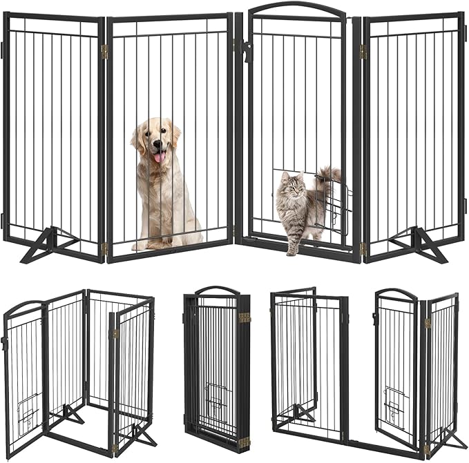 36" Tall Metal Freestanding Dog Gate with Cat Door for Indoor&Outdoor,80" Extra Wide Foldable Pet Gate,Foldable Indoor Dog Fence for Wide Openings Stairs,Deck,Yard,Doorways(4 Panels,Black)