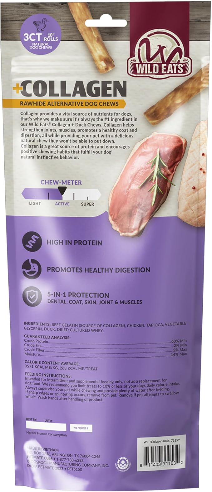 Wild Eats Collagen Chews - Stick Dog Treat for Medium & Large Dogs (10" 3ct, Real Duck) - Long Lasting, Rawhide Free, Low Fat, Grain Free Retriever Rolls