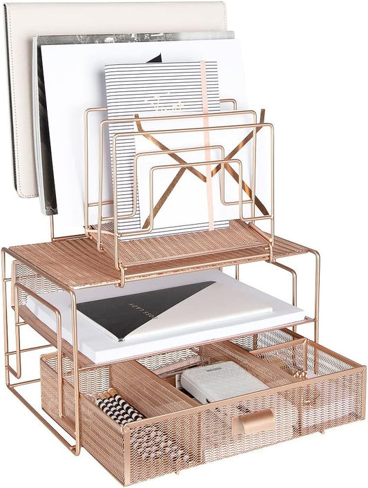 BLU MONACO Rose Gold Desk Organizer with Drawer | Metal Mesh Desktop Rack with File Sorters & Paper Storage | Space-Saving Workspace Organizer for Home Office, Cubicle, Kitchen or Dorm