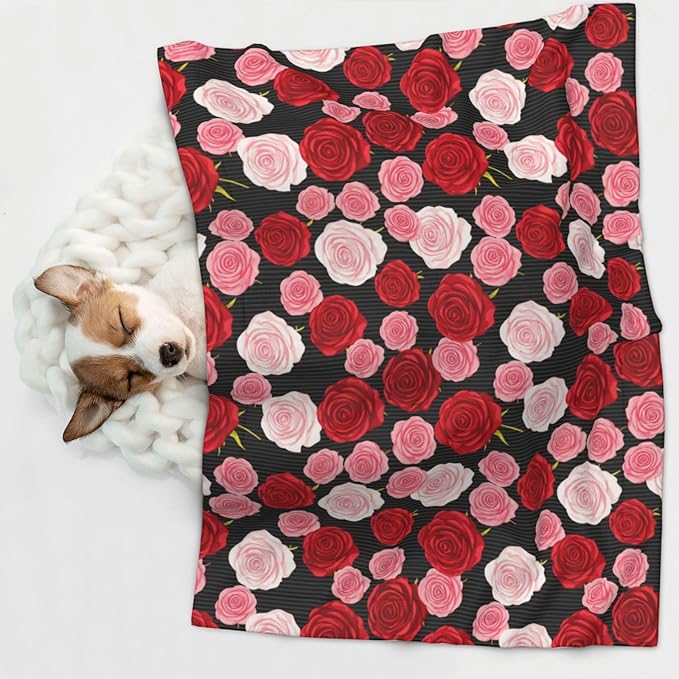 Two Sided Plush Pet Blanket for Warmth Comfort, Black White Stripes Red Rose Flowers, Reversible Throw with Cozy Nubby Side for Chilly Nights Napping Spots Around House