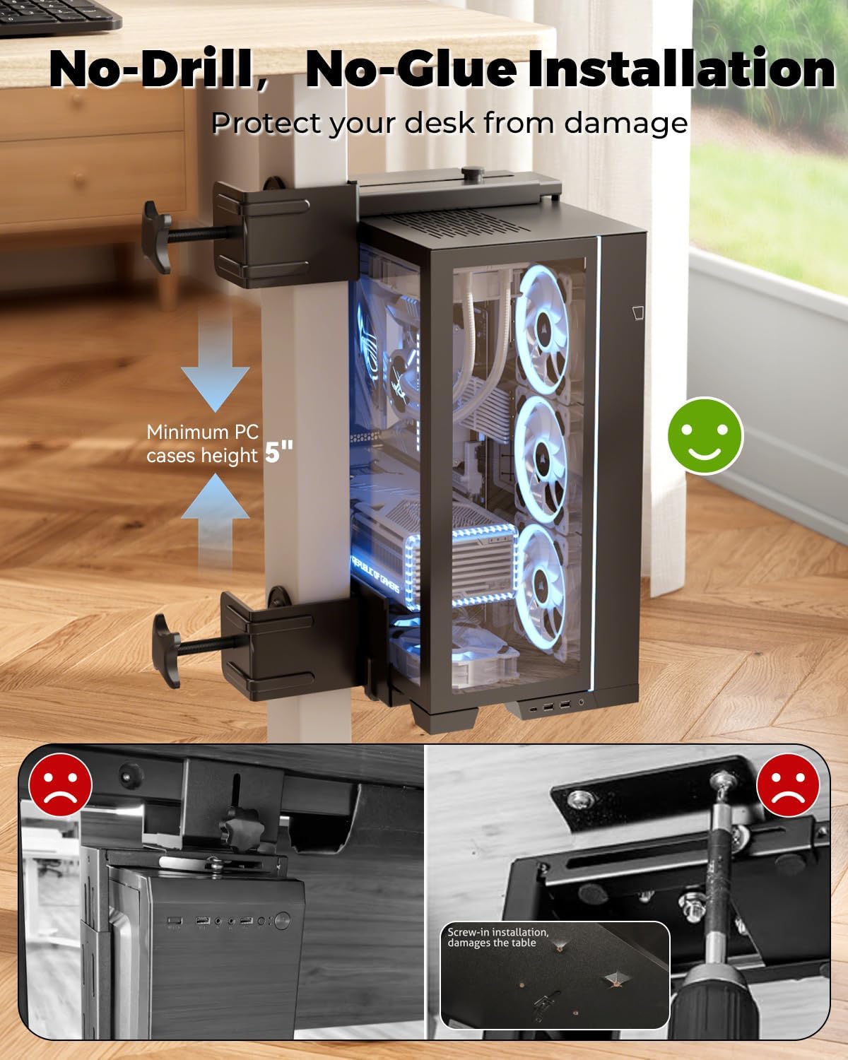 JOY worker Under Desk PC Mount for Standing Desk, Clamp-On Leg CPU Holder