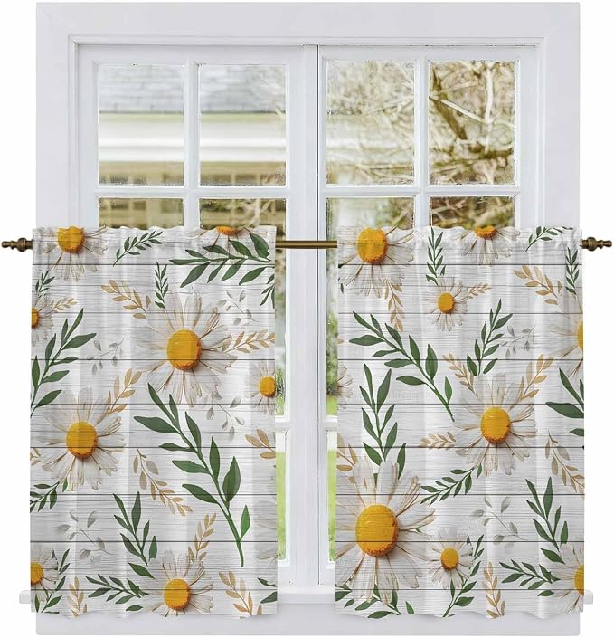 Spring Daisy Kitchen Curtains, Farmhouse Country Flower Leaf Plant Wood Grain