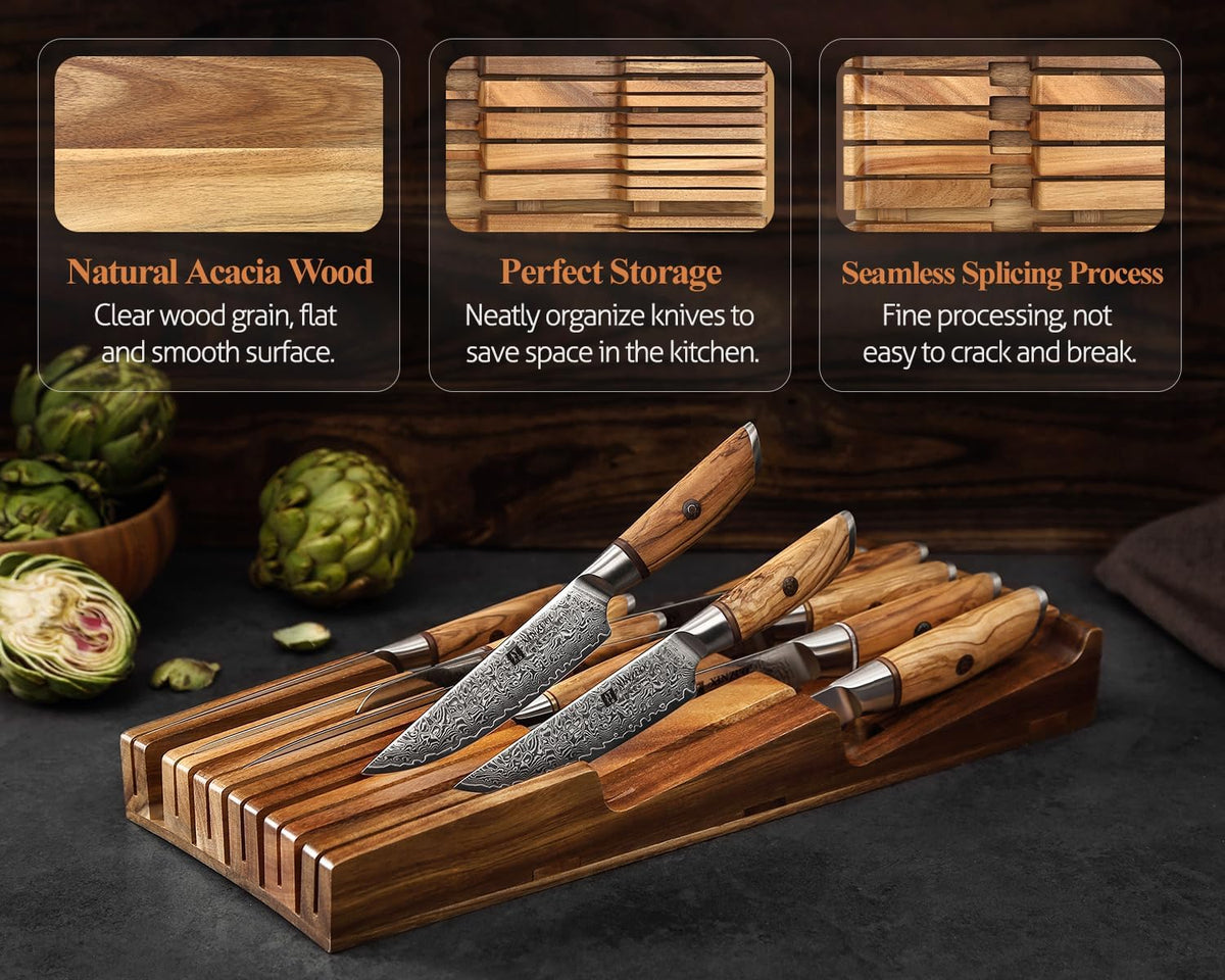 XINZUO In-drawer Knife Block, Natural Acacia Knife Drawer Oganizer, Insert-Kitchen Storage Holder, 11 Slots, Holds up to 11 Various Size Knives, Countertop Saving&Knife Protective