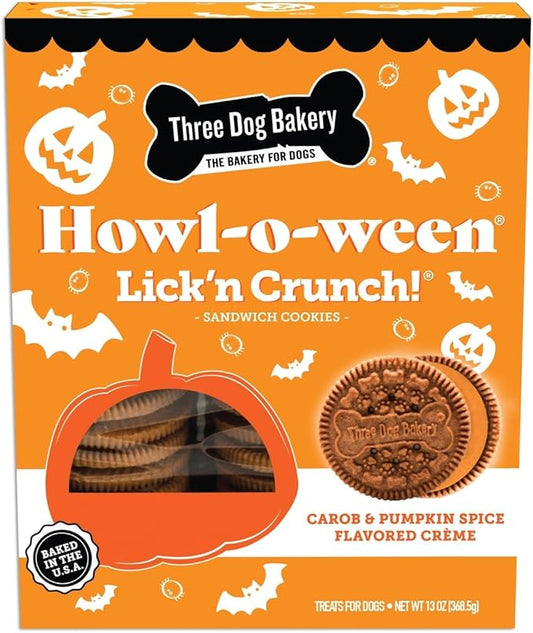 Three Bakery Howl-O-Ween Lick'n Crunch! Sandwich - Carob & Pumpkin Spice Flavored Treats, Puppy for Halloween, Training Treats, Holiday