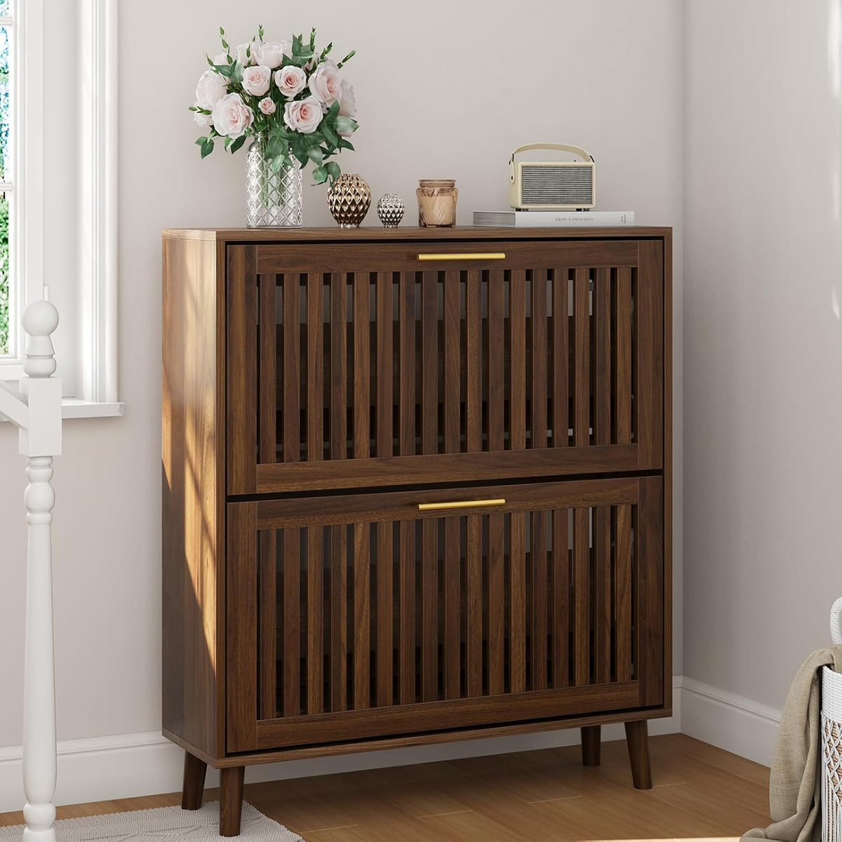 Smart FENDEE 31.5" W Shoe Cabinet Storage for Entryway with 2 Flip Drawers, Shoe Cabinet with Slatted Panel, Hidden Shoe Rack Freestanding Slim Shoes Organizer for Hallway, Entrance, Walnut