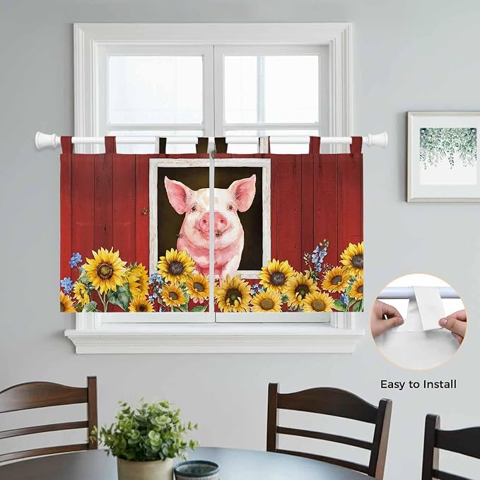 Pigs Sunflowers Kitchen Curtains 36 Inch Length, Small Window Curtains Tab Top