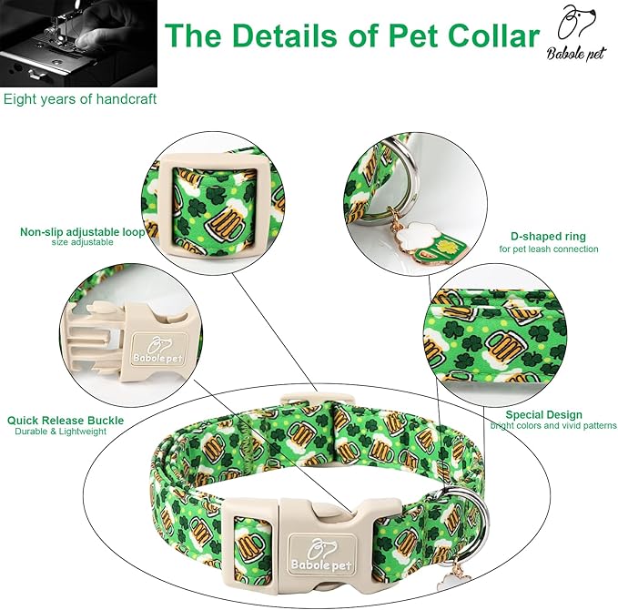 St Patricks Day Dog Collar for Medium Dogs - Green Beer Shamrock Dog Collars for Boys&Girls Dogs, Adjustable Irish Clover Puppy Collar with Quick Release Buckle M