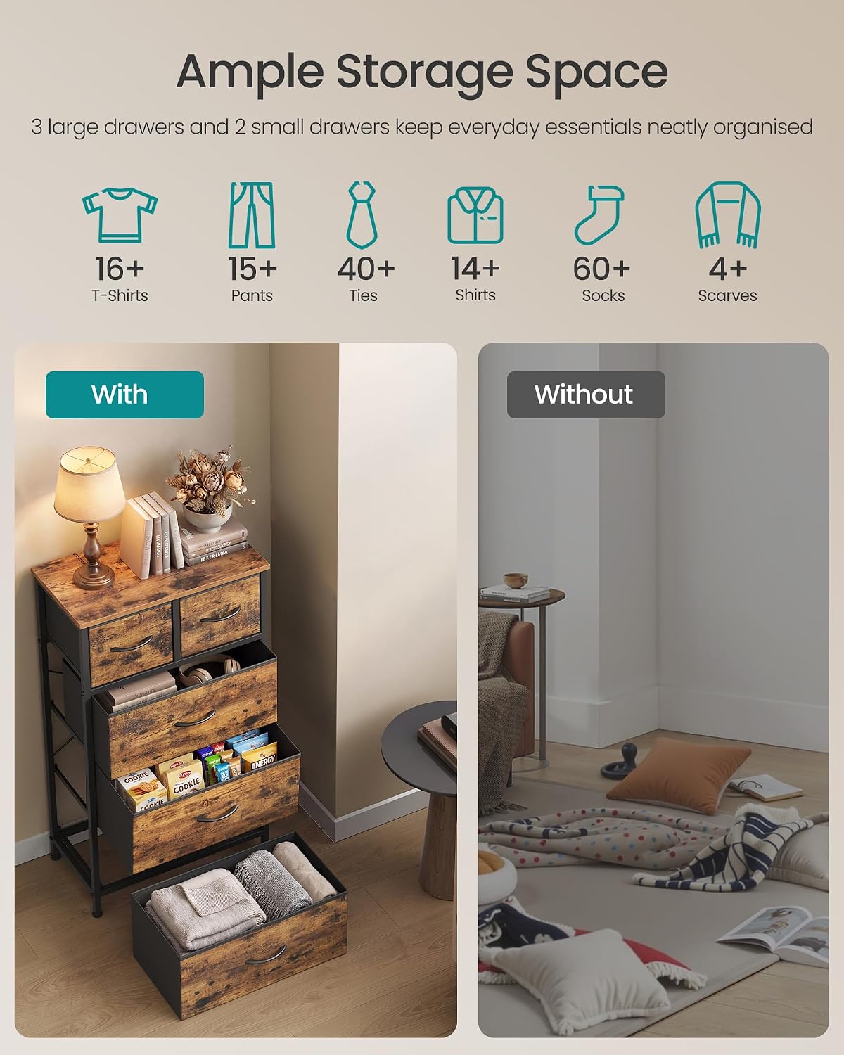 SONGMICS Tall Dresser for Bedroom, 5 Fabric Drawers with Steel Frame