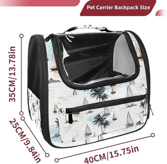 Coconut Palm Trees Sailboat Summer Beach Pet Travel Carrier Soft Sided Portable Bag for Cats, Small Dogs, Kittens or Puppies