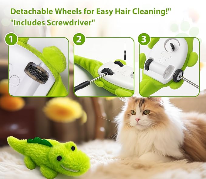 Interactive Cat Toys for Indoor Cats - Self-Charging Croc Chase Toy with 360° Motion, Wagging Tail & Catnip, Automatic Exercise Toy for Bored Kittens/Adults(Plush Fur)