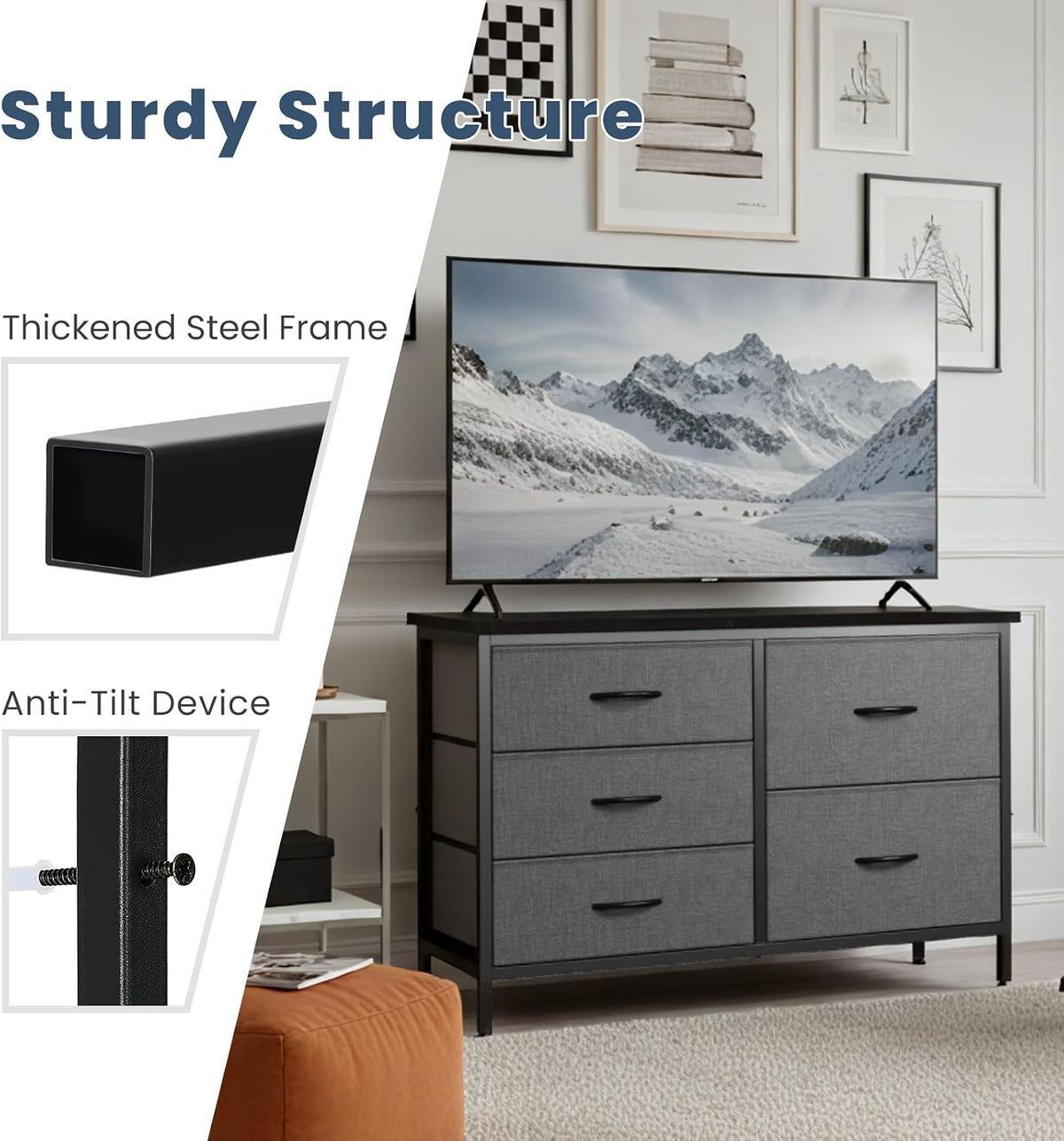 DUMOS TV Stand for Bedroom with 5 Drawers, Storage Chest of Drawers
