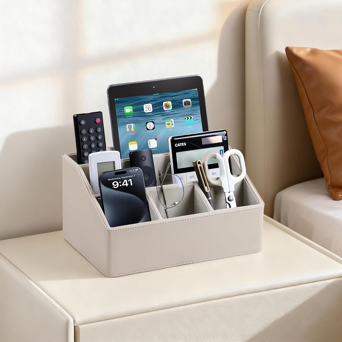 PU Leather Desk Organizer, Remote Control Holder (Dark Beige)