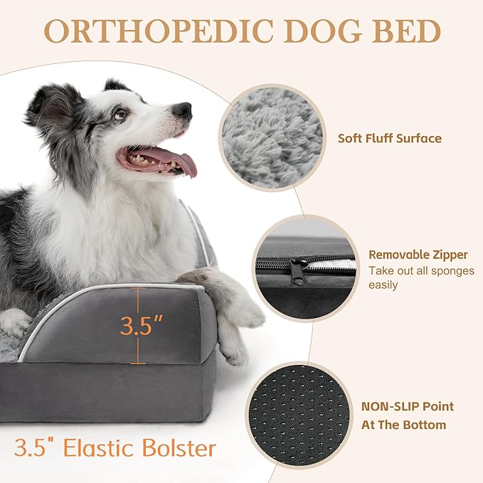 Comfort Expression Orthopedic Dog Bed for Medium Dogs 28x19 Inch, Waterproof Supportive Egg Crate Foam Medium Pet Bed with Removable Bolsters, Dog Couch with Washable Cover & Non-Slip Bottom, Grey