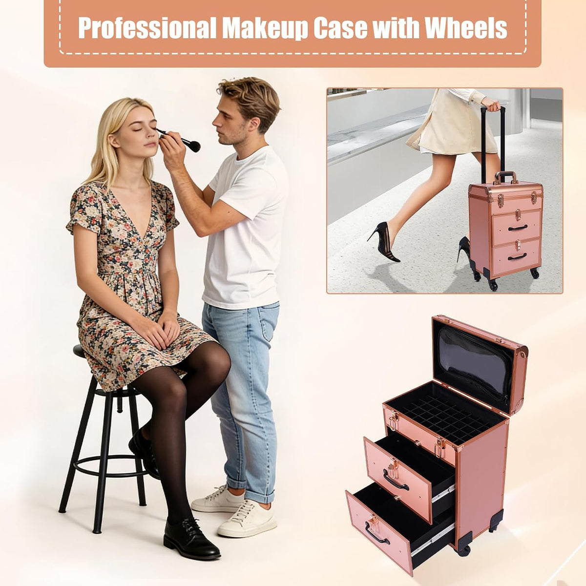 3 in 1 Cosmetic Train Cases Rolling on Wheels Makeup Train Case 𝐰𝐢𝐭𝐡 𝐃𝐫𝐚𝐰𝐞𝐫𝐬 𝐚𝐧𝐝 𝐂𝐥𝐞𝐚𝐫 𝐌𝐚𝐤𝐞𝐮𝐩 𝐁𝐚𝐠,3-Layer Large Nail Cart & Organizer for Makeup Artists,Nail Technicians