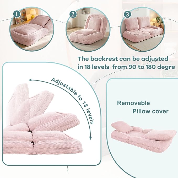 Human Dog Bed for Adults & Pets, 5-Position Adjustable Floor Chair, Convertible Lazy Sofa Bed with Metal Frame & 2 Pillows, Plush Gaming Lounge for Living Room Bedroom Office (Pink)