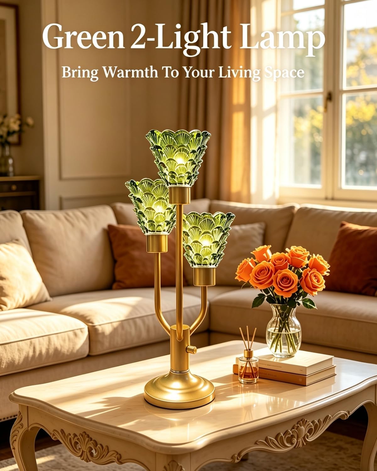 Green Glass Mid Century Modern Table Lamp Dimmable 3 Bulbs Included