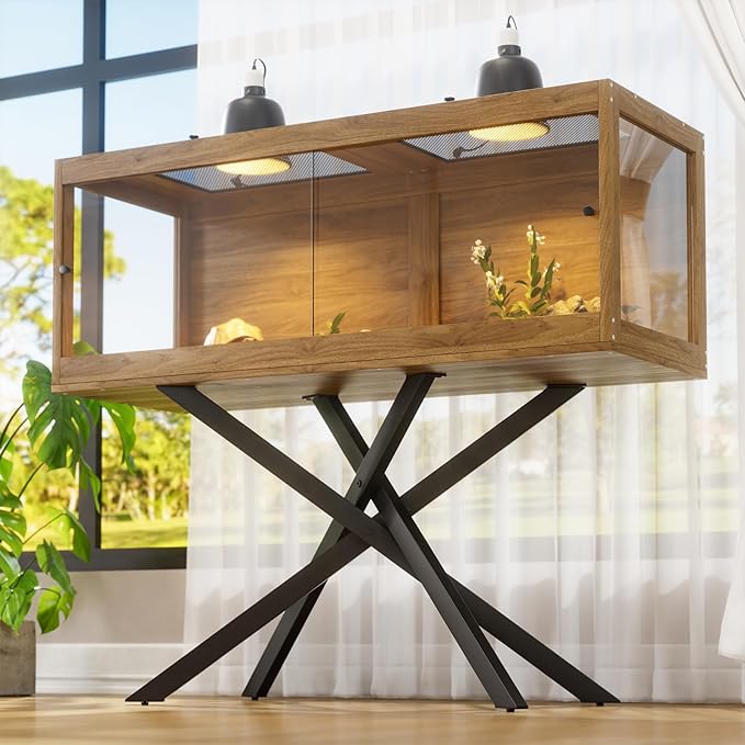 80 Gallon Bearded Dragon Tank with Stand & 2 Dimmable Reptile Light Fixtures, Front Sliding Door Tempered Glass Reptile Habitat with Mesh Top for Snakes/Lizards/Geckos/Tortoises (Bulbs Not Included) ﻿