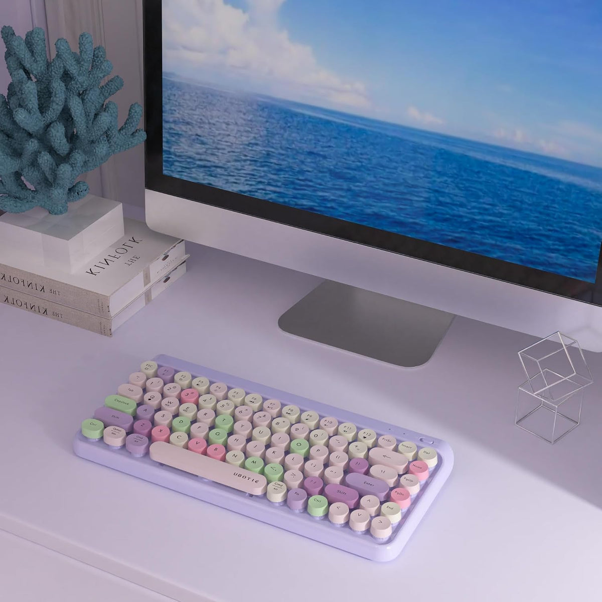 UBOTIE Portable Bluetooth Colorful Computer Keyboards, Wireless Mini Compact Retro Typewriter Flexible 84Keys Design Keyboard (Purple-Colorful)