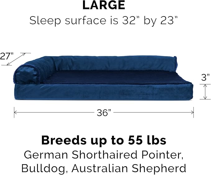 Furhaven Orthopedic Dog Bed for Large/Medium Dogs w/ Removable Bolsters & Washable Cover, For Dogs Up to 55 lbs - Plush & Velvet L Shaped Chaise - Deep Sapphire, Large
