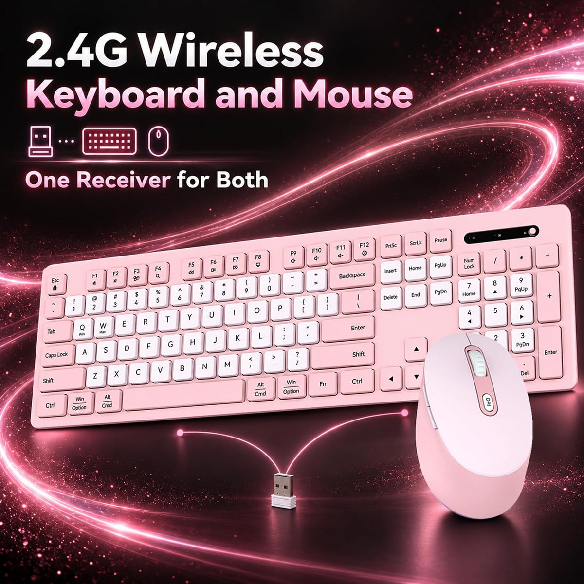 Rechargeable 2.4Ghz Wireless Keyboard and Mouse Combo - Pink