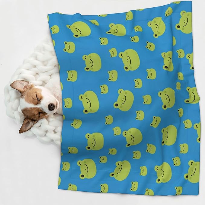 Two Sided Plush Pet Blanket for Crates Carriers Home Use, Colorful Pattern Adorable Frog Face Pattern, Reversible Throw with Cozy Dot Fabric and Silky Reverse for Small Large Pets
