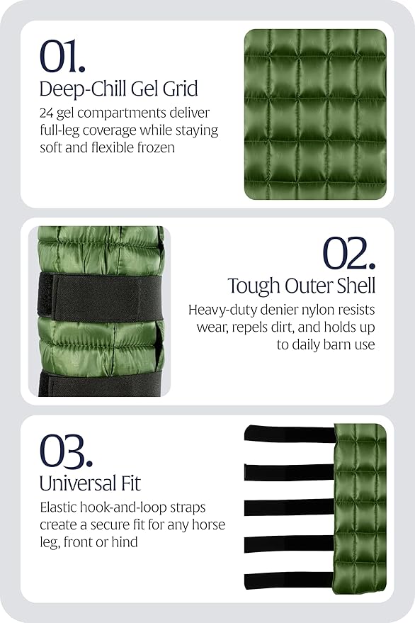 Equinavia Cool Relief Therapy Ice Boots Leg Wraps for Horses, Gel Pack with Adjustable Straps | 16.5" x 15.5" Single - Green - Single - One Size