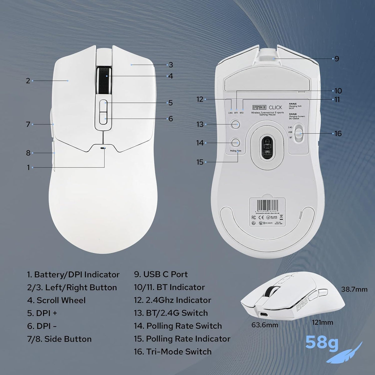 EPOMAKER Click Gaming Mouse Wireless 2.4Ghz/BT/Type-C, 800 to 42,000 DPI Adjustable, 8K Polling Rate, 500mAh, Lightweight Optical Mouse, for PC/Mac/Linux (White)