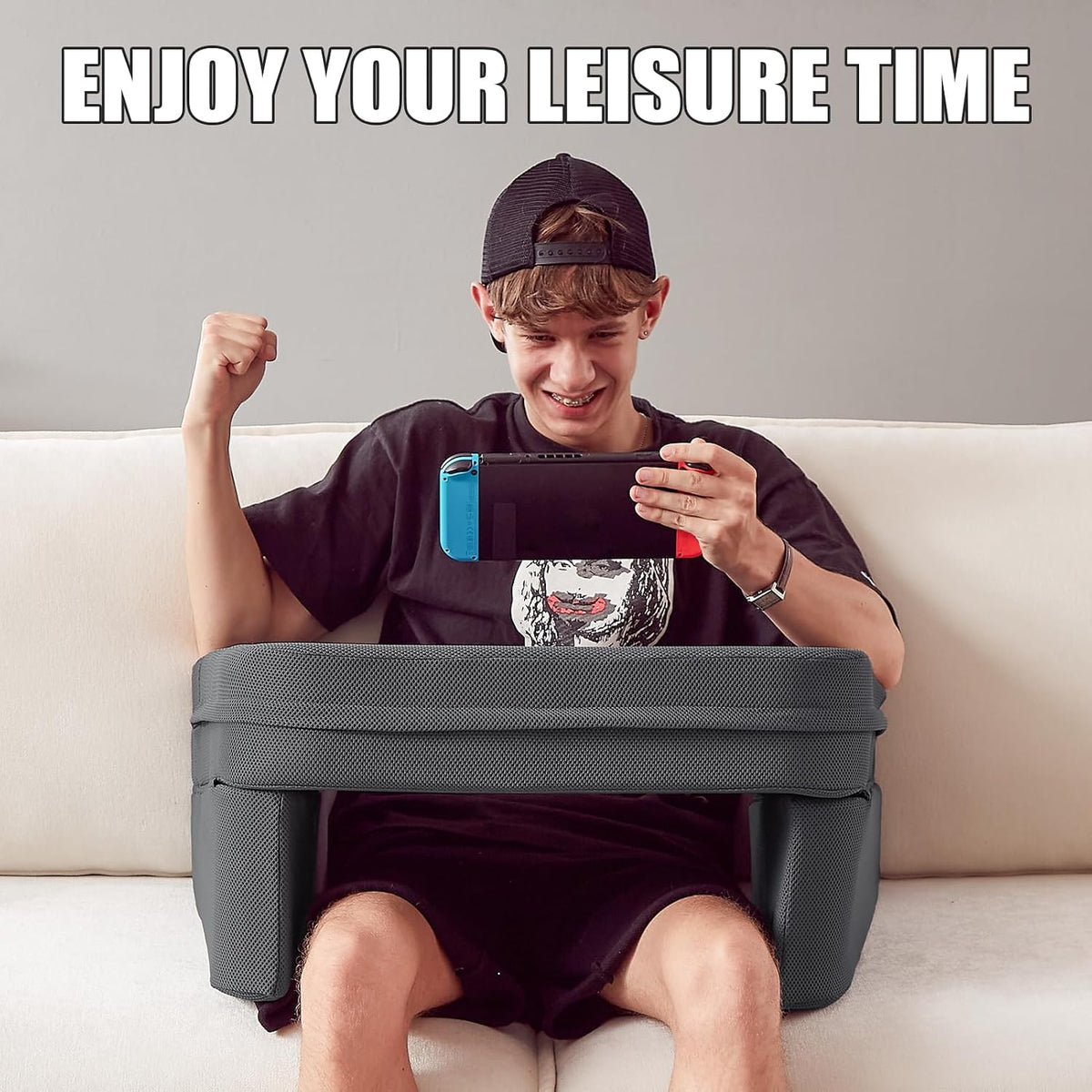 comehealthy Lap Desk for Laptop, Reading Pillow for Adult, Memory Foam Gaming Pillow with Cup Holder, Arm Rest Couch Pillow for Working, Gaming, Reading, Laptop Desk for Couch Bed Floor(Grey)