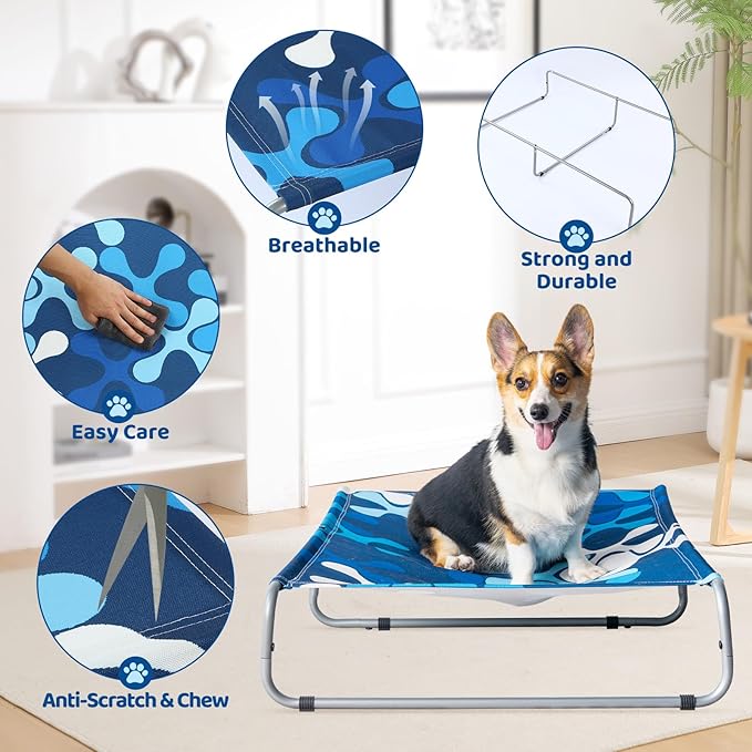 Elevated Dog Bed for Small Dogs 40lb,Breathable Cooling Raised Washable Dog Cot,Metal Frame, No-Slip Feet,Polyester Cotton,Indoor/Outdoor Pet Bed,28 * 22 * 7in, Clover Ocean Blue