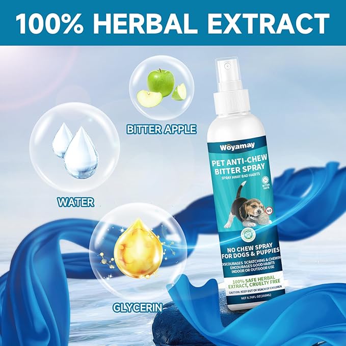No Chew Spray for Dogs 200ML, Bitter Apple Spray for Dogs Stop Chewing Licking of Furniture, Shoes, Bandages, Dog Training & Behavior Aids Spray, Indoor & Outdoor Use, No Alcohol & Trace