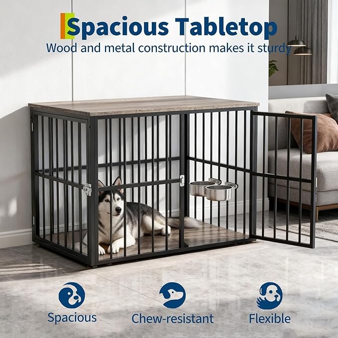 43 Inch Indoor Wooden Dog Crate Side Table, Furniture Style Pet Cage with Double-Door Access and Adjustable Food Bowl, Heavy-Duty Dog Kennel for Medium and Large Breeds
