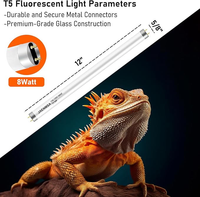 T5 10.0 UVB Reptile Light Bulbs 8W, UVA UVB HO Light Bar Bulbs 12 Inch for Reptiles,Bearded Dragon, Leopard Gecko,Tortoise,Reptile & Amphibian Replacement Tube Lamp 2 Pack
