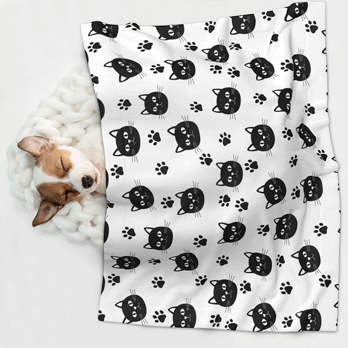 Reversible Plush Throw for Dogs and Cats, Black Cats and Cat Paws, Double Sided Blanket with Nubby Dot Side and Sleek Side Ideal for Cuddling Nesting Security