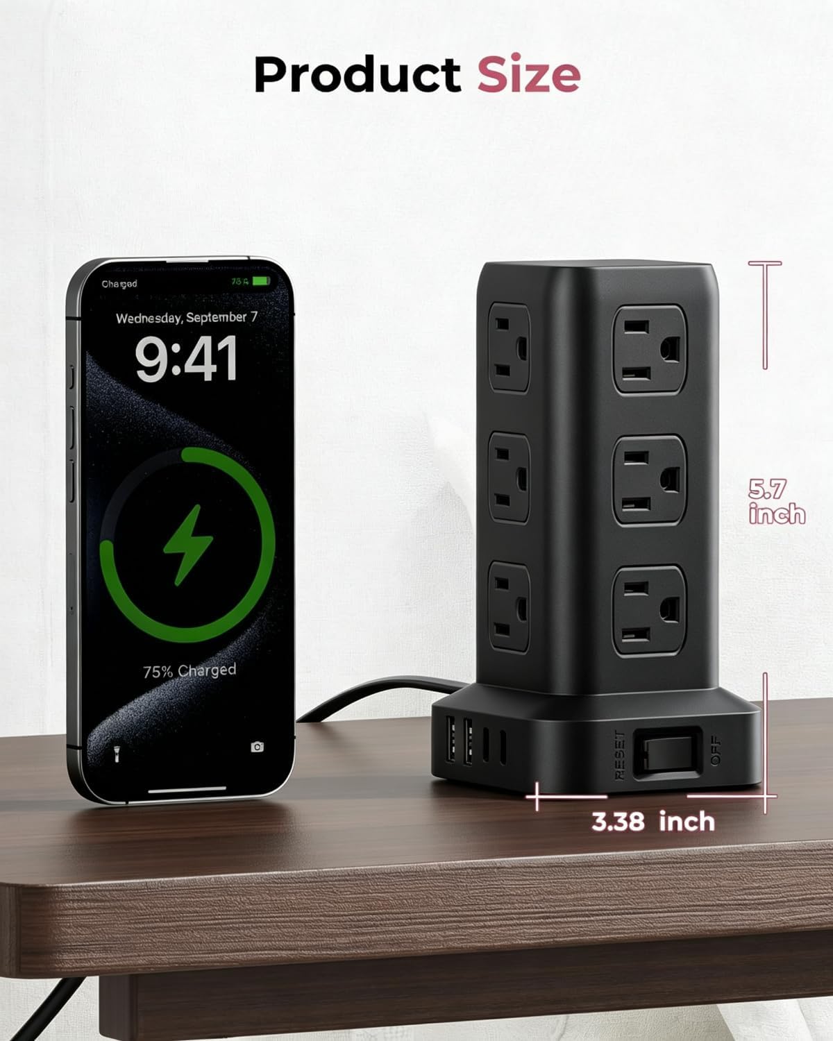 Power Strip 6.5 FT Cord, Power Strip Tower with 4 USB Ports (2USB C), Extension Cord with 12 AC Multiple Outlets, Home Office Supplies Desk Accessories, Dorm Room Essentials