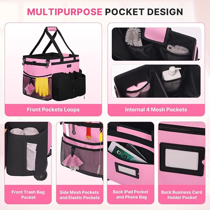 Large Rolling Cleaning Caddy Bag with Detachable Trolley, Waterproof Cleaning Caddy on Wheels for Housekeepers, Cleaning Cart Supplies Organizer for Home,Car,Office,Picnic (Pink) (in Patent)