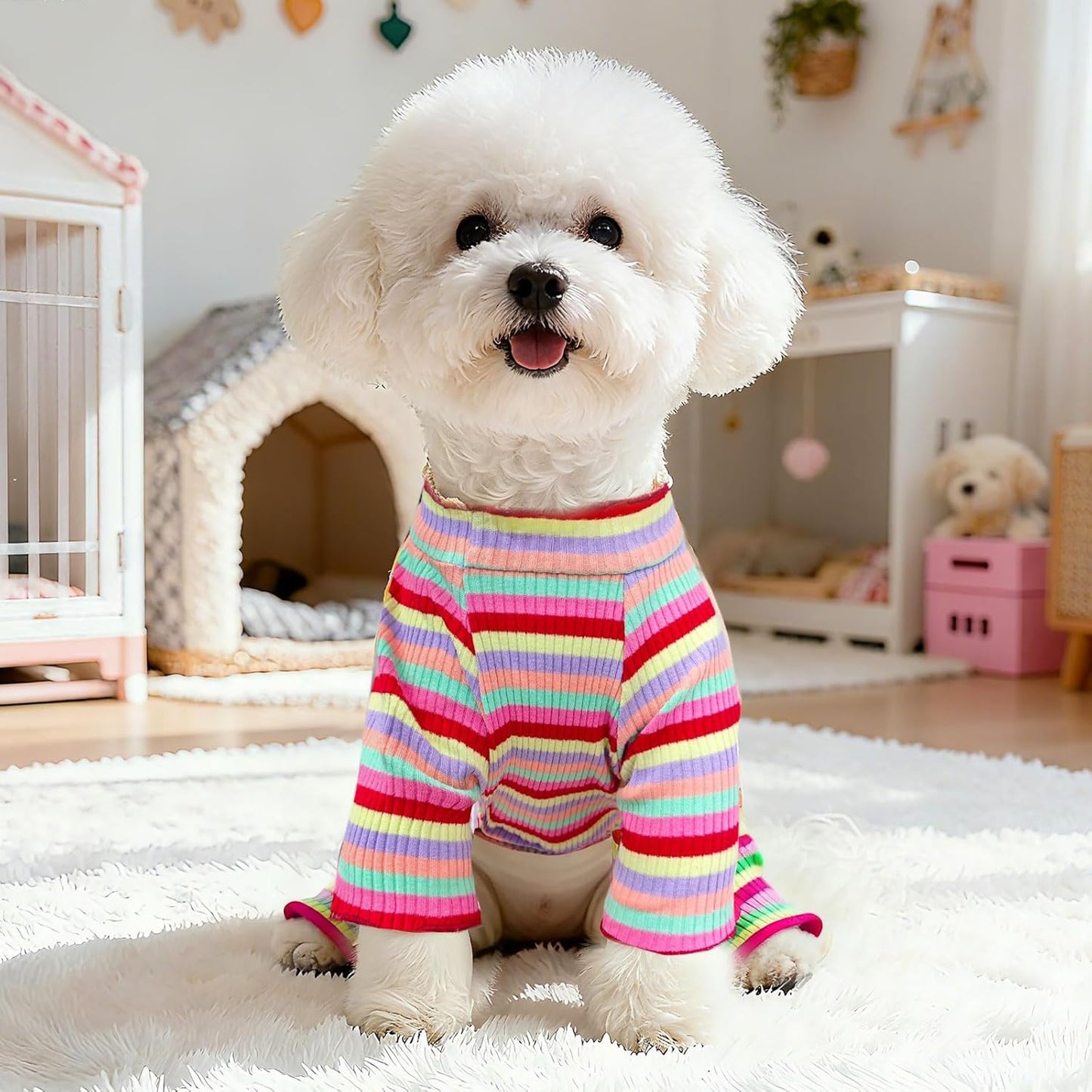 BAEJMJK Striped Dog Pajamas Stretchy Cute Four-Legged Boy Girl Dog Clothes with Sleeves Comfortable Dogs Jumpsuit Colorful Pet Puppy Outfits Apparel for Small Medium Dogs Cats(Red,Small)