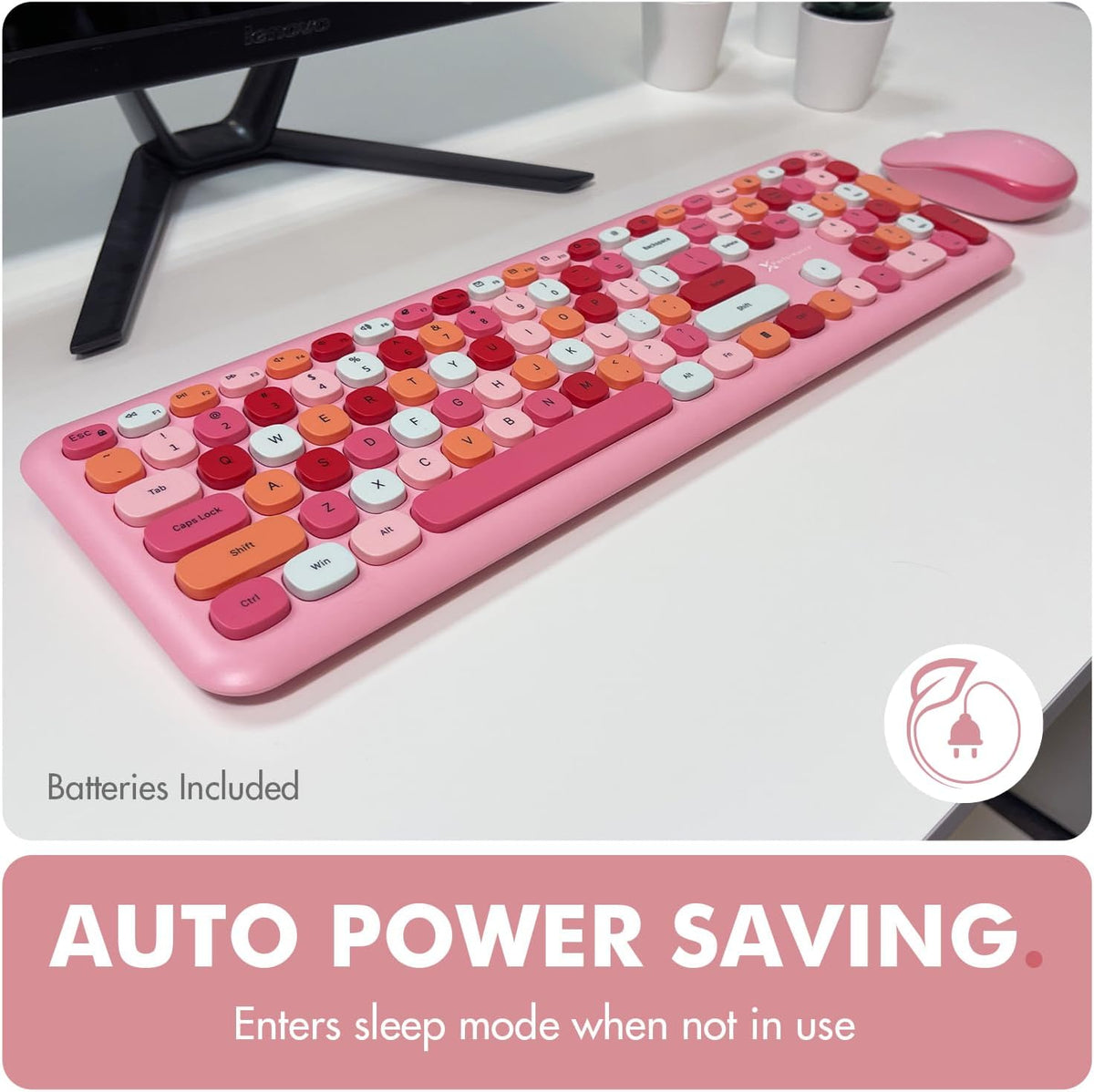 X9 Pink Keyboard and Mouse Wireless Combo - Retro Typewriter Keyboard and Mouse with Aesthetic Bubble Keys - Colorful Keyboard and Mouse Wireless for PC, Laptop, Windows, Chrome
